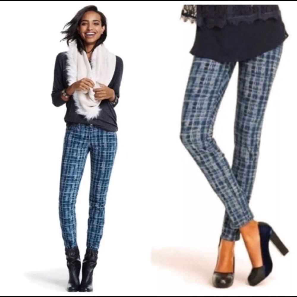 CAbi Blue Grid Skinny Jeans, sz 8, inseam 30”